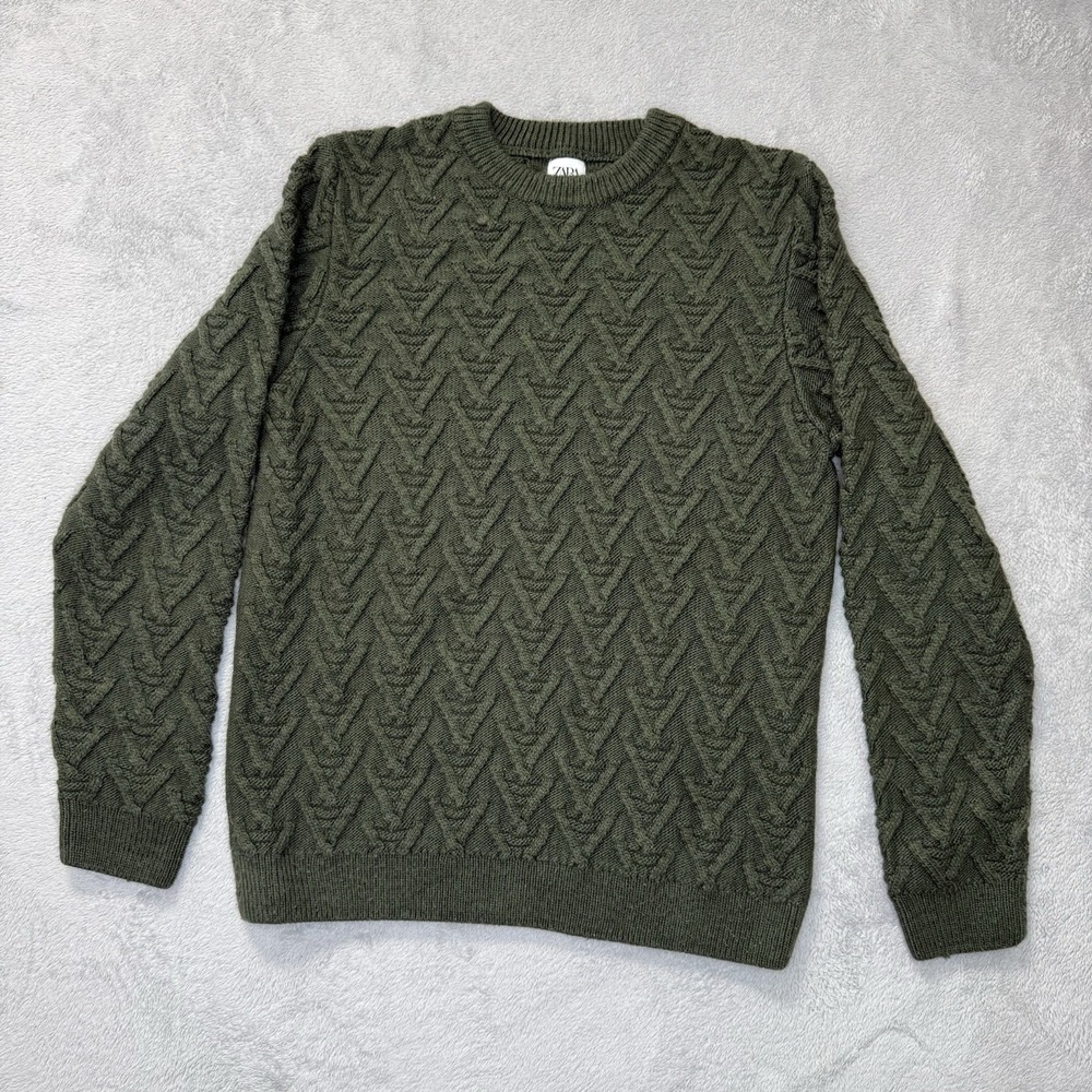 Zara Womens M Olive Green Cable Knit Crewneck Sweater Textured Made Turkey